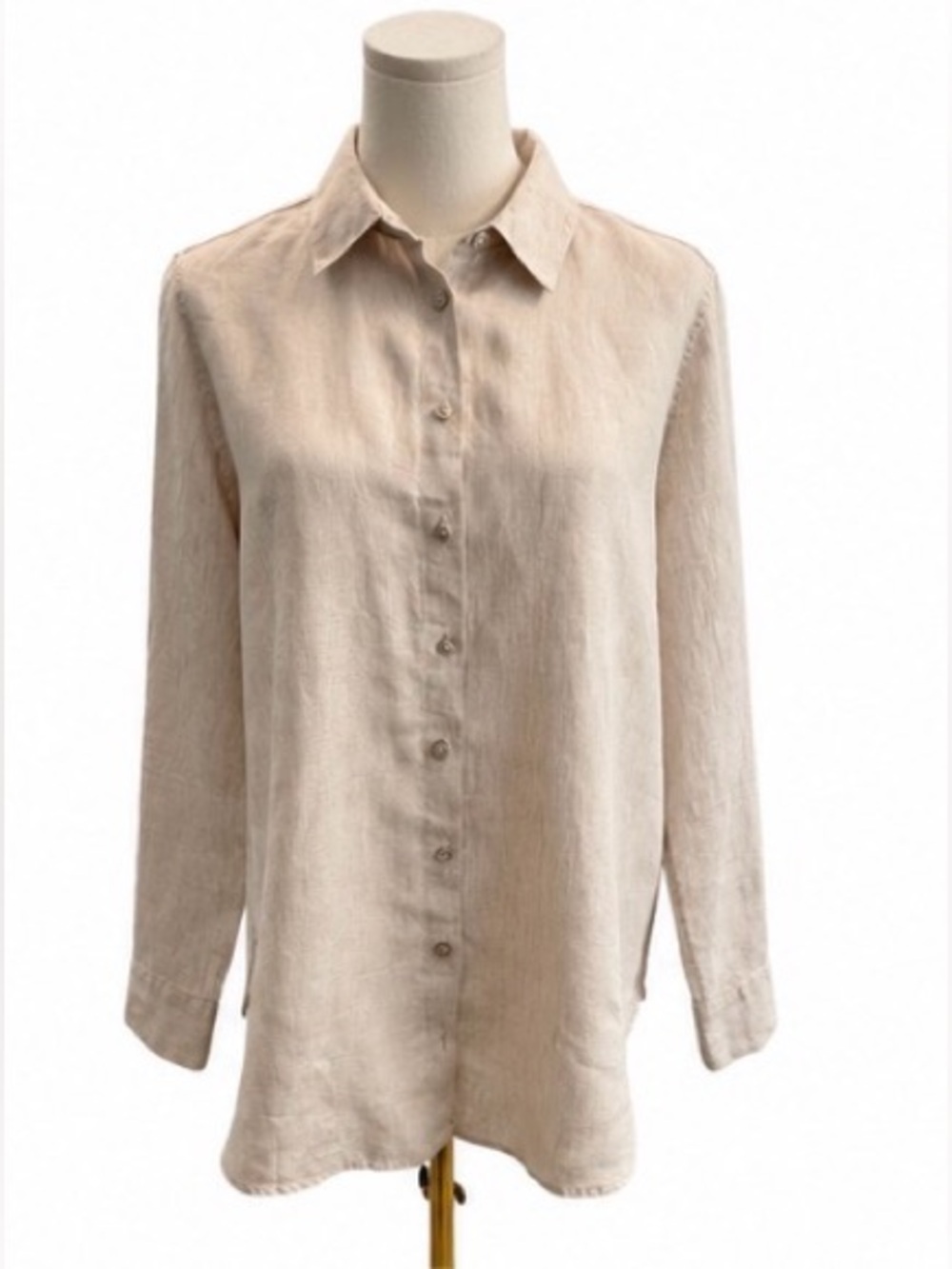 Chico’s 100% Linen Button Shirt Women’s Size 0.5 (US 6) Beige Tan Roll Tab Long